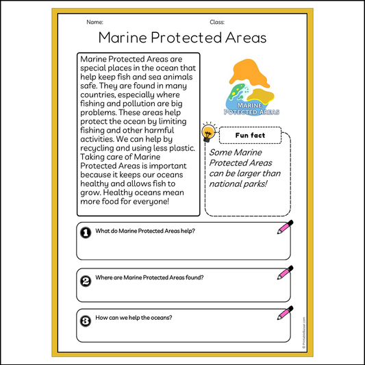 Marine Protected Areas | Reading Passage Comprehension Questions Writing Facts Worksheet