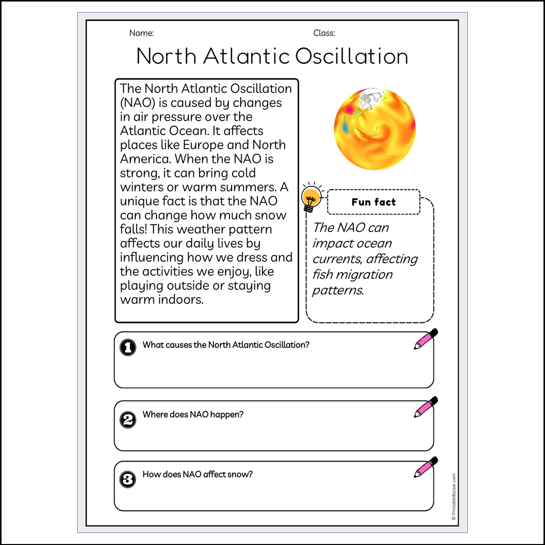 North Atlantic Oscillation | Reading Passage Comprehension Questions Writing Facts Worksheet