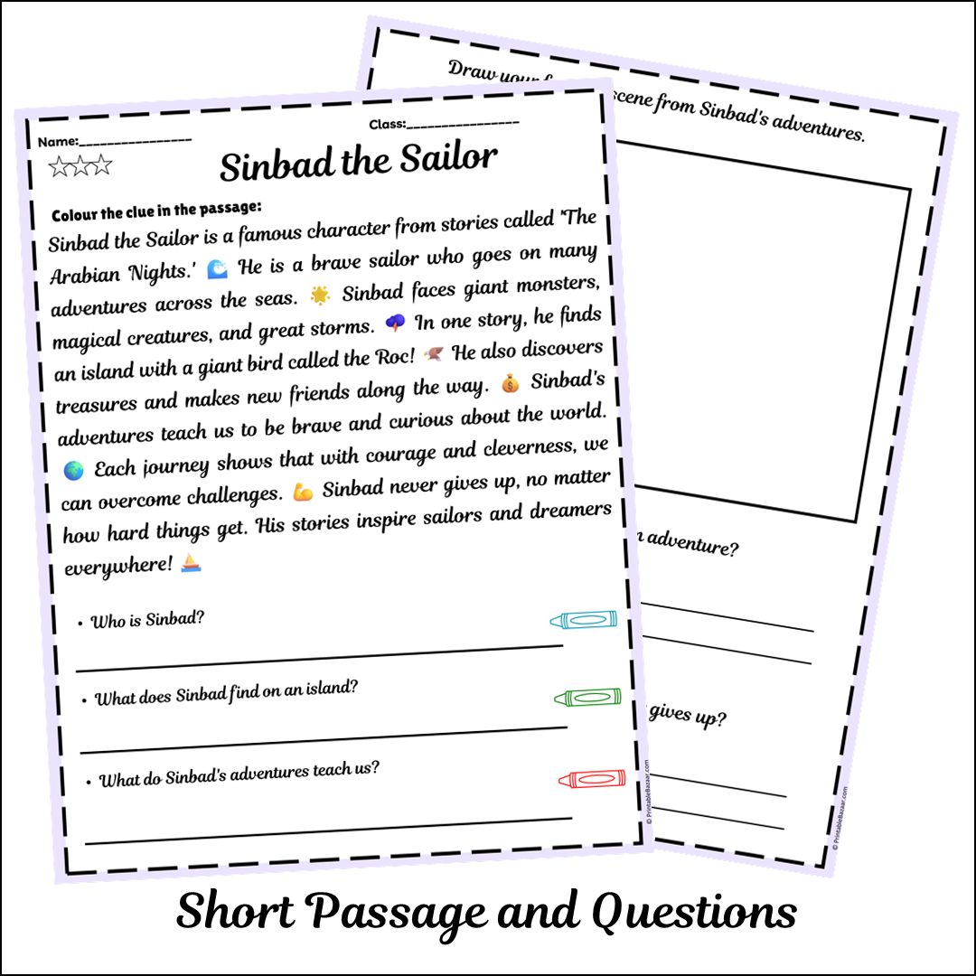Sinbad the Sailor | Short Reading Comprehension Creative Worksheet