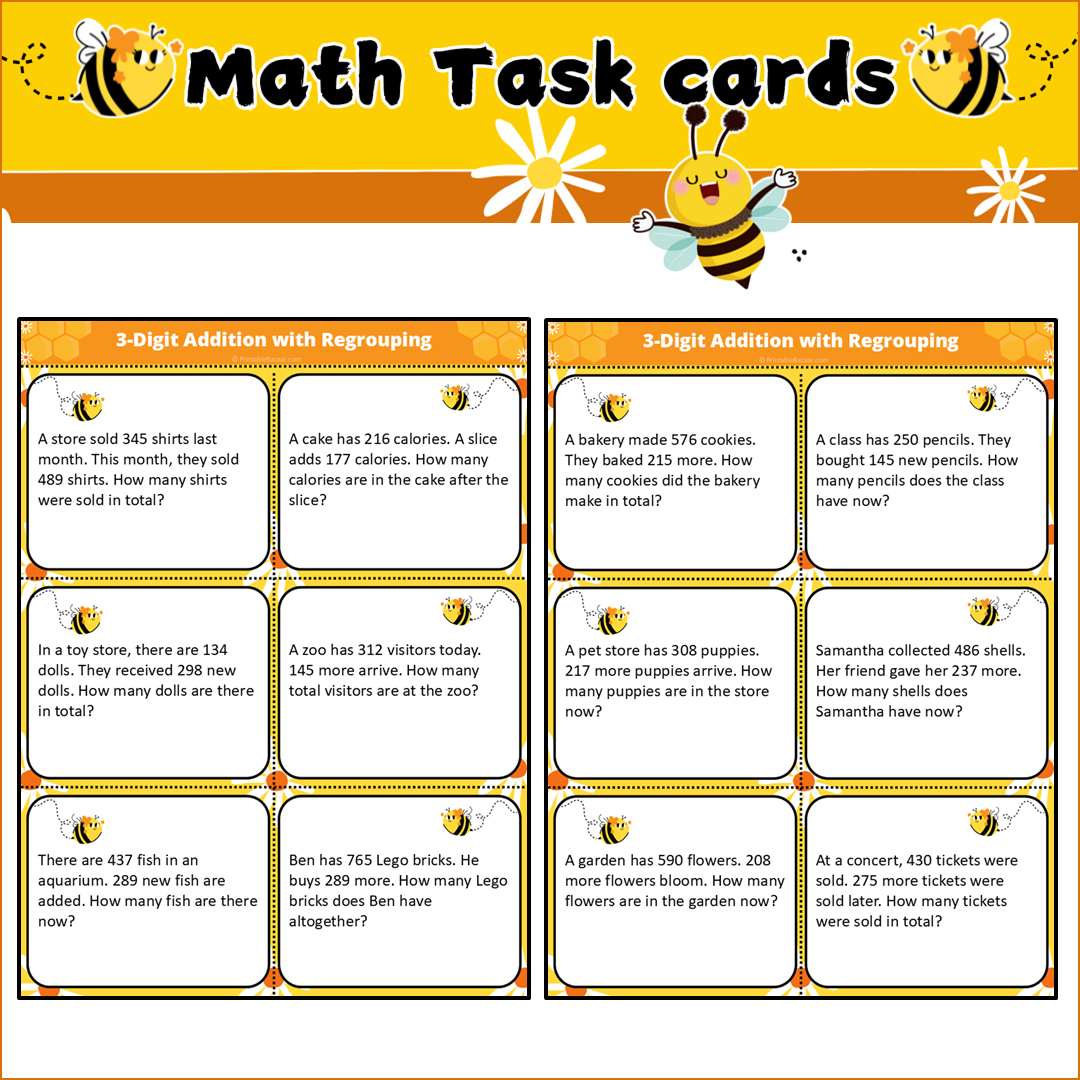 3-Digit Addition with Regrouping | Math Task Cards