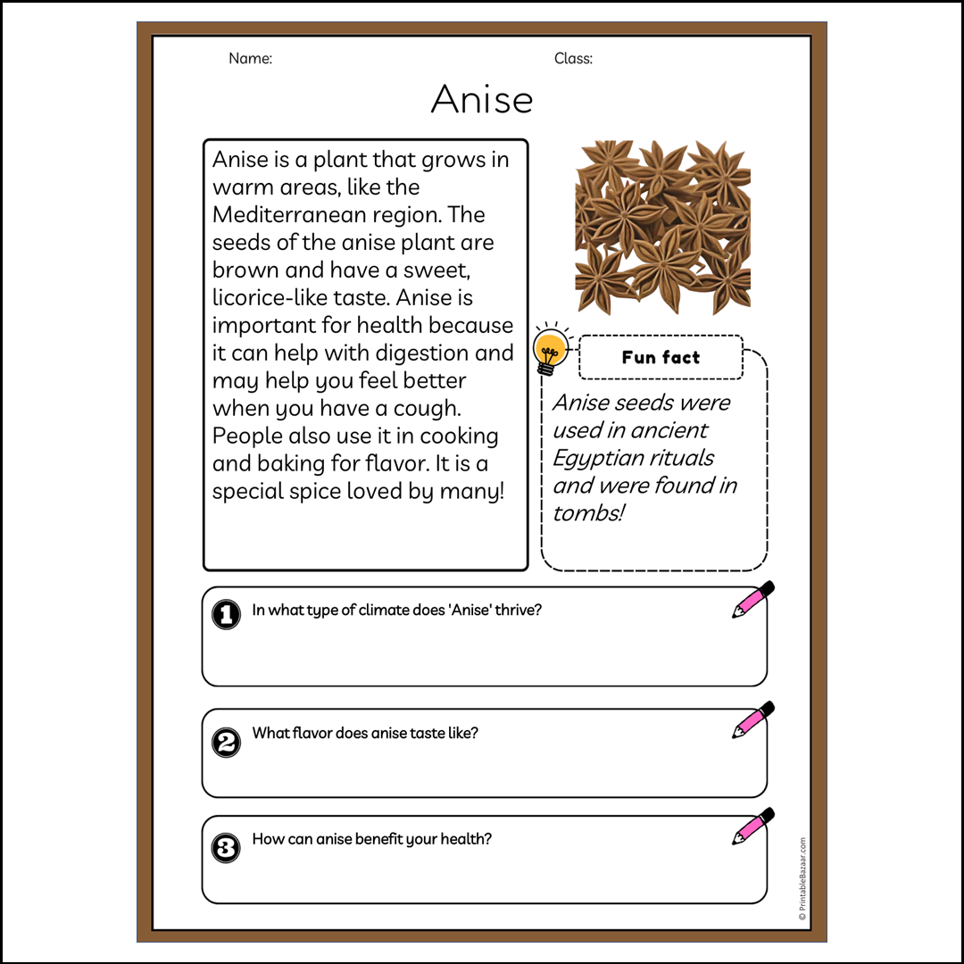 Anise | Reading Passage Comprehension Questions Writing Facts Worksheet