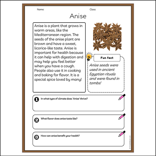 Anise | Reading Passage Comprehension Questions Writing Facts Worksheet