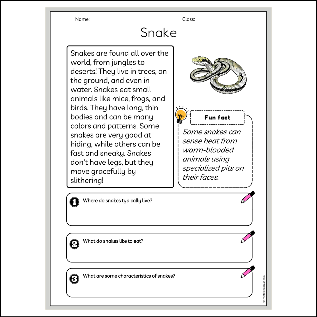 Snake | Reading Passage Comprehension Questions Writing Facts Workshee ...