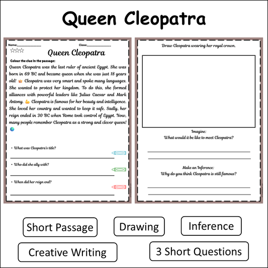 Queen Cleopatra | Short Reading Comprehension Creative Worksheet