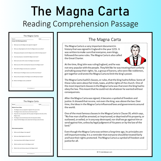 The Magna Carta | Reading Comprehension Passage Printable Worksheet