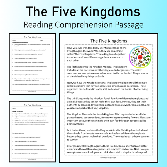 The Five Kingdoms | Reading Comprehension Passage Printable Worksheet