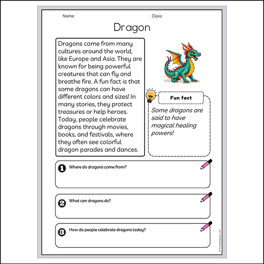 Dragon | Reading Passage Comprehension Questions Writing Facts Worksheet