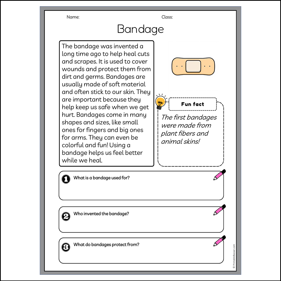 Bandage | Reading Passage Comprehension Questions Writing Facts Worksheet