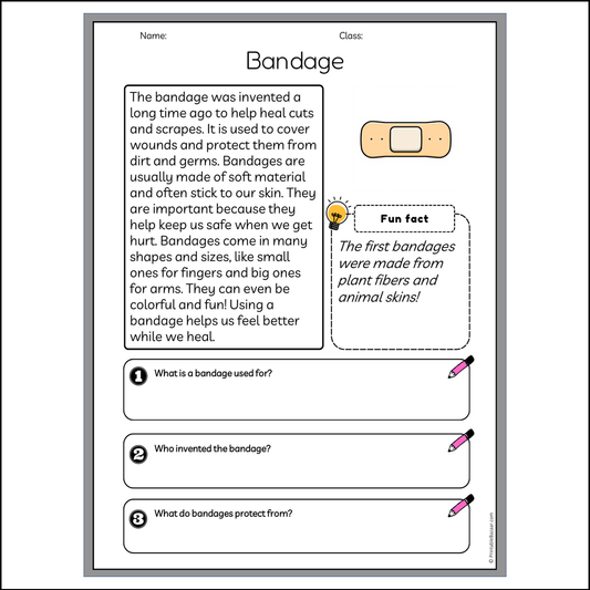 Bandage | Reading Passage Comprehension Questions Writing Facts Worksheet