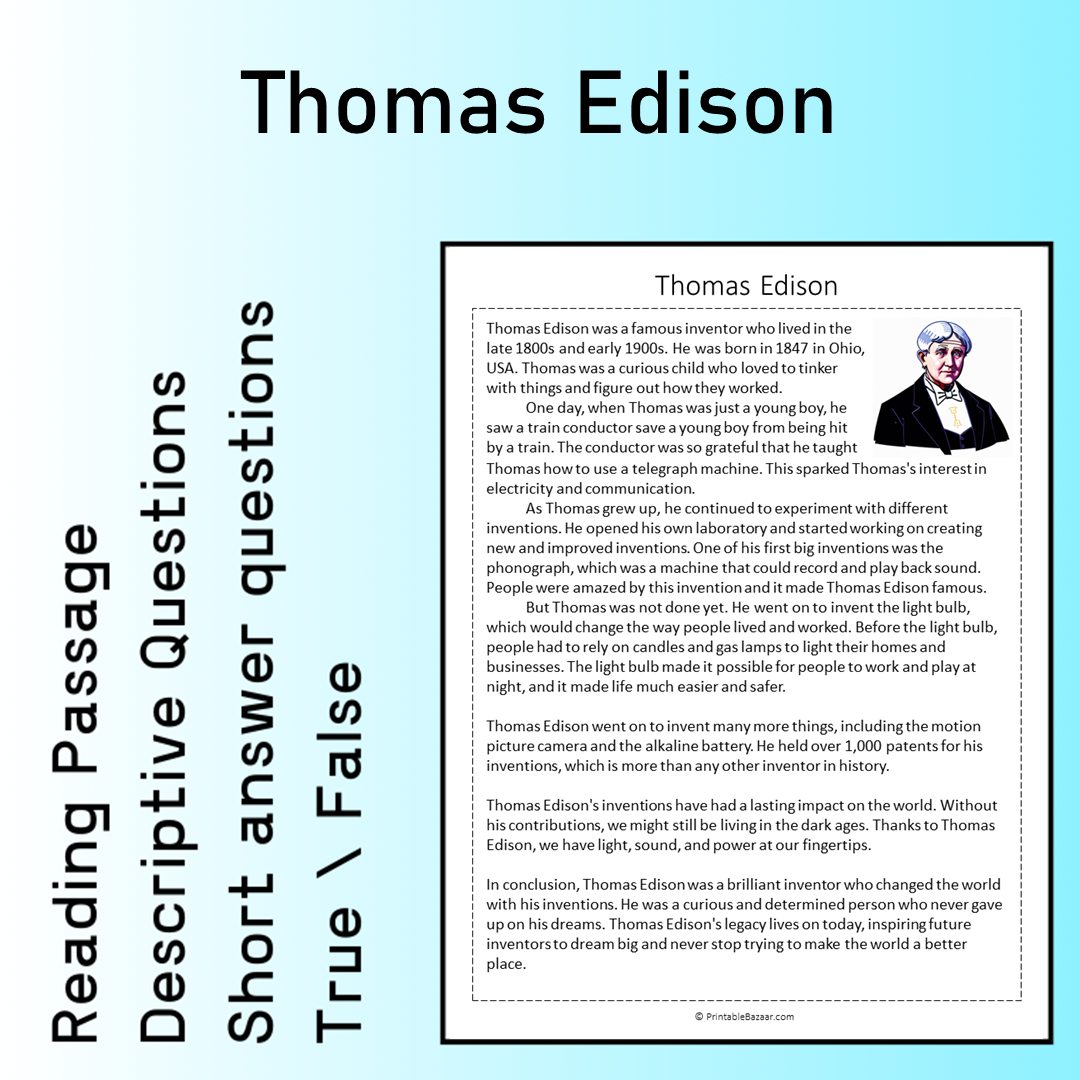 Thomas Edison | Reading Comprehension Passage Printable Worksheet