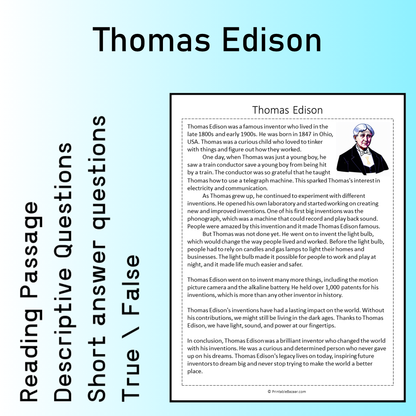 Thomas Edison | Reading Comprehension Passage Printable Worksheet