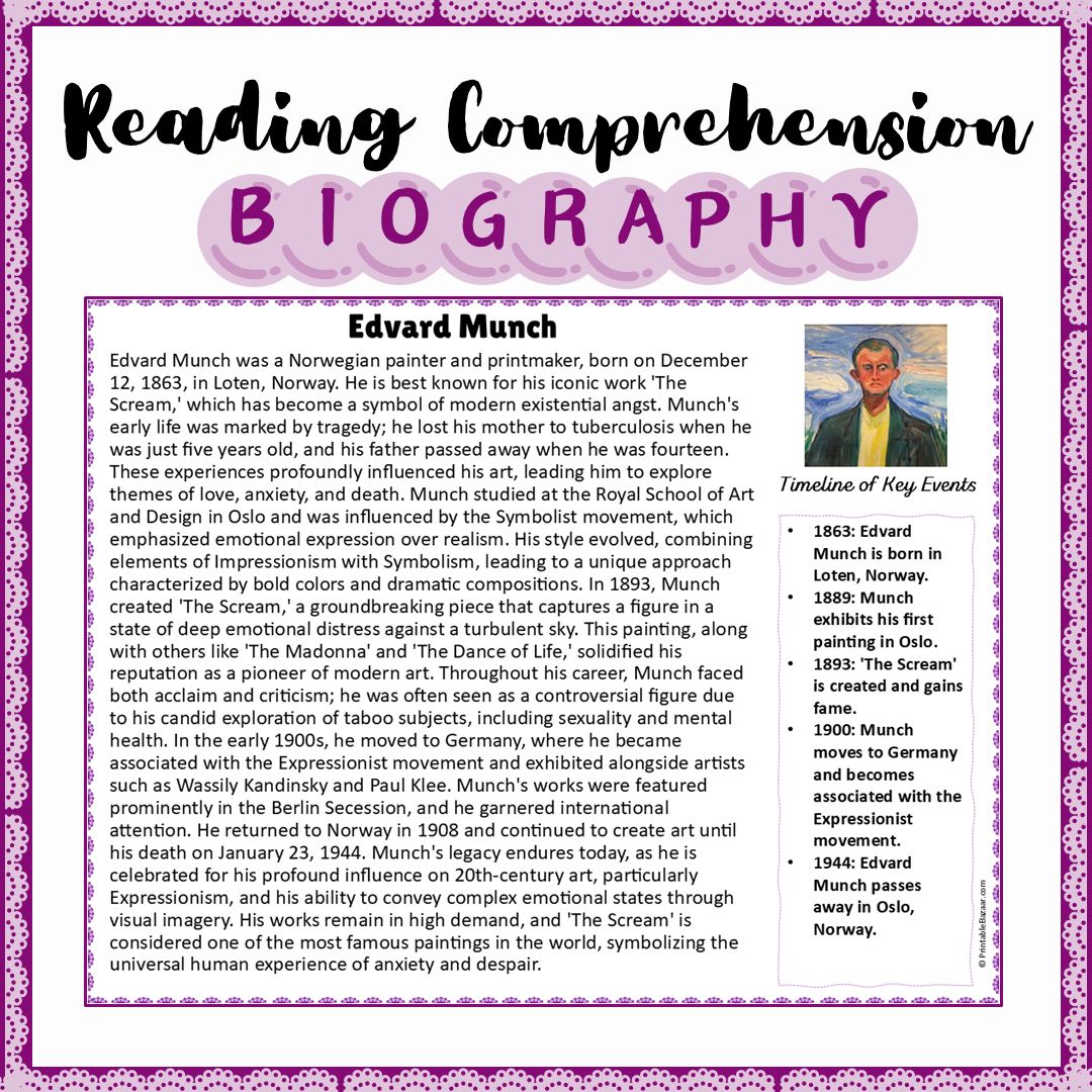 Edvard Munch | Biography Reading Comprehension and Questions Worksheet