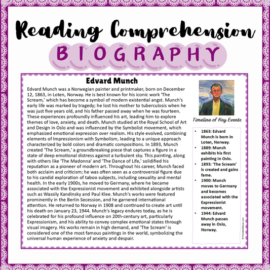 Edvard Munch | Biography Reading Comprehension and Questions Worksheet