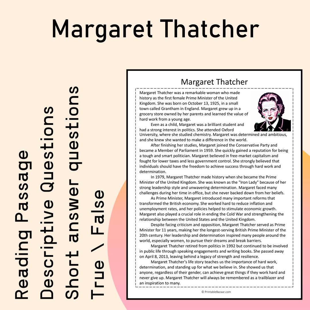 Margaret Thatcher | Reading Comprehension Passage Printable Activity