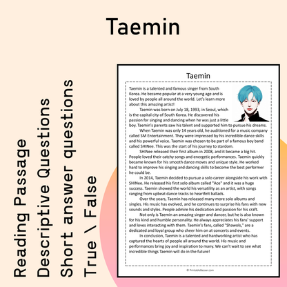 Taemin | Reading Comprehension Passage Printable Activity