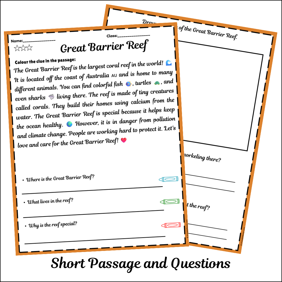 Great Barrier Reef | Short Reading Comprehension Creative Worksheet
