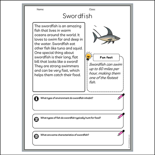 Swordfish | Reading Passage Comprehension Questions Writing Facts Worksheet