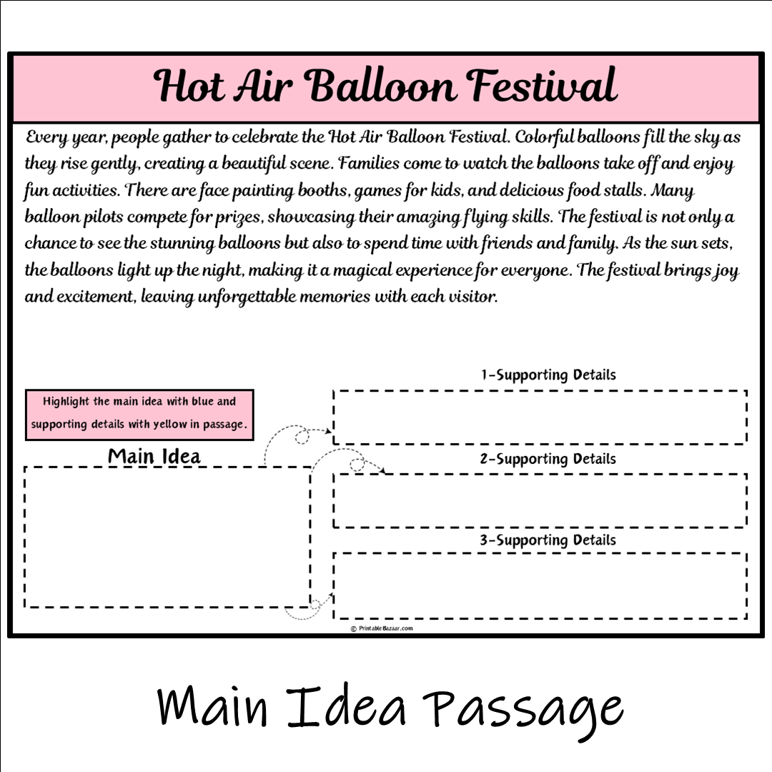 Hot Air Balloon Festival | Main Idea and Supporting Details Reading Passage and Questions