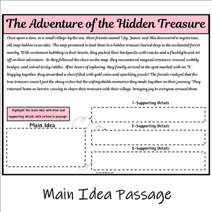 The Adventure of the Hidden Treasure | Main Idea and Supporting Details Reading Passage and Questions