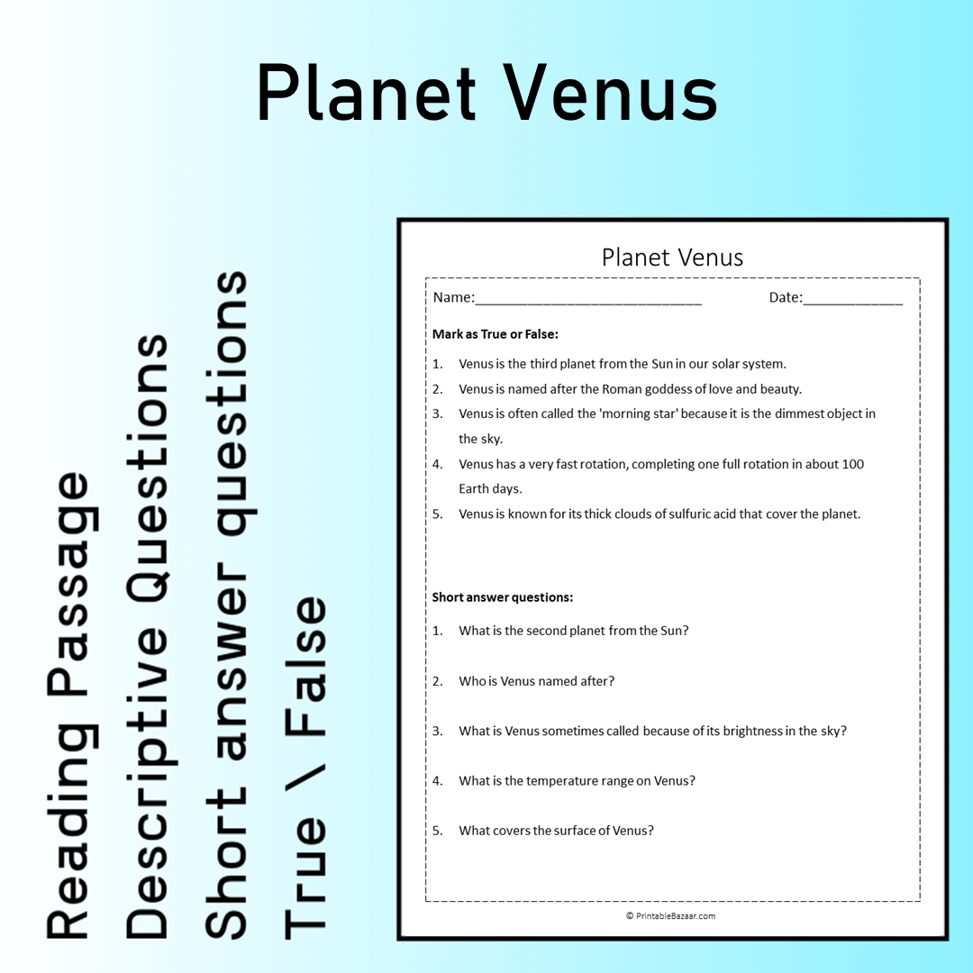 Planet Venus | Reading Comprehension Passage Printable Worksheet