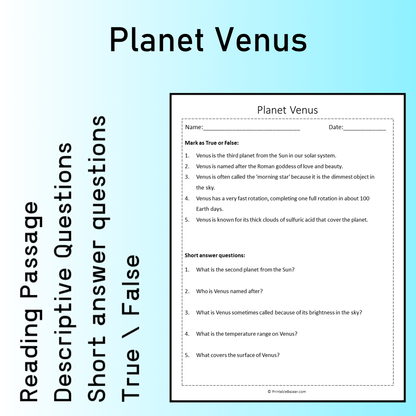 Planet Venus | Reading Comprehension Passage Printable Worksheet