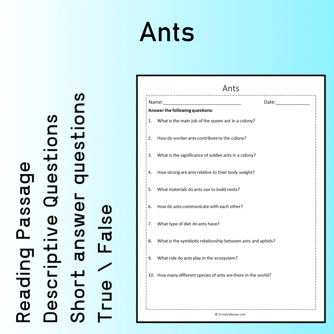 Ants | Reading Comprehension Passage Printable Worksheet