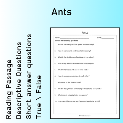 Ants | Reading Comprehension Passage Printable Worksheet
