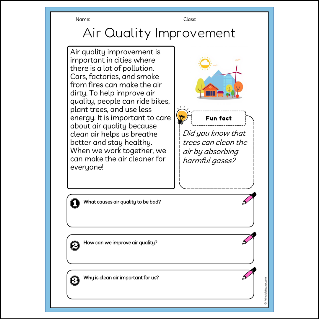 Air Quality Improvement | Reading Passage Comprehension Questions Writing Facts Worksheet