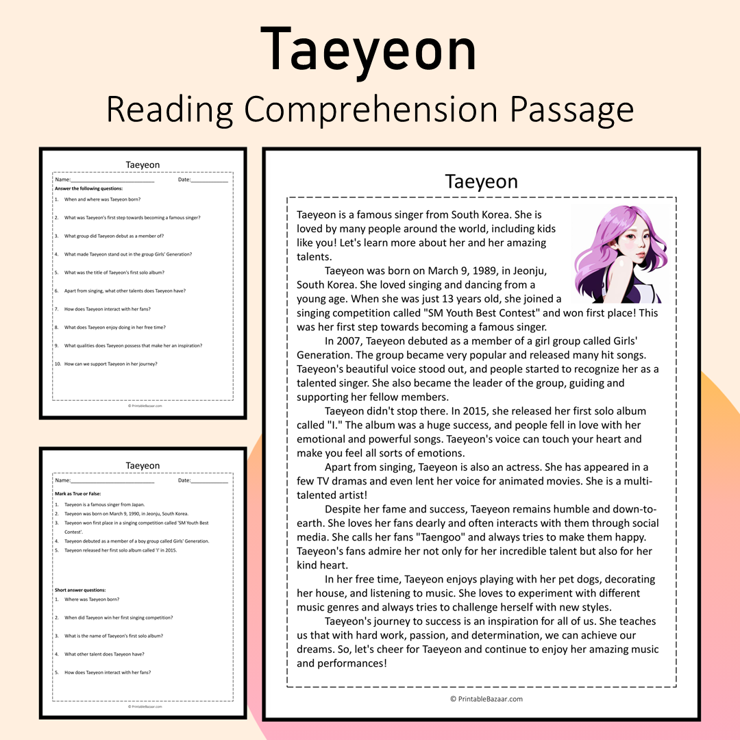 Taeyeon | Reading Comprehension Passage Printable Activity