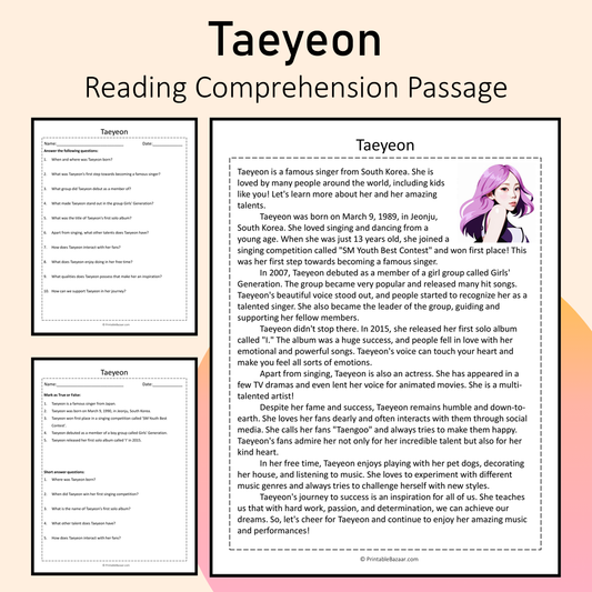 Taeyeon | Reading Comprehension Passage Printable Activity