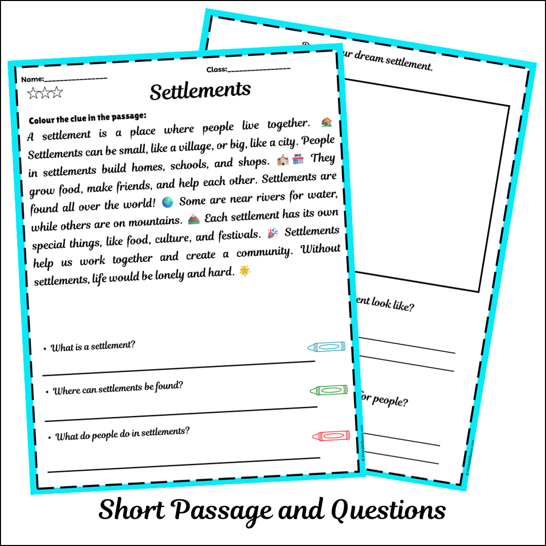 Settlements | Short Reading Comprehension Creative Worksheet