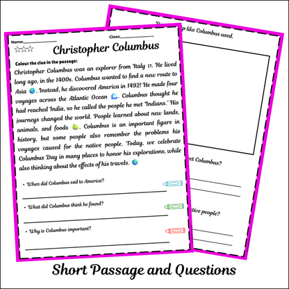 Christopher Columbus | Short Reading Comprehension Creative Worksheet