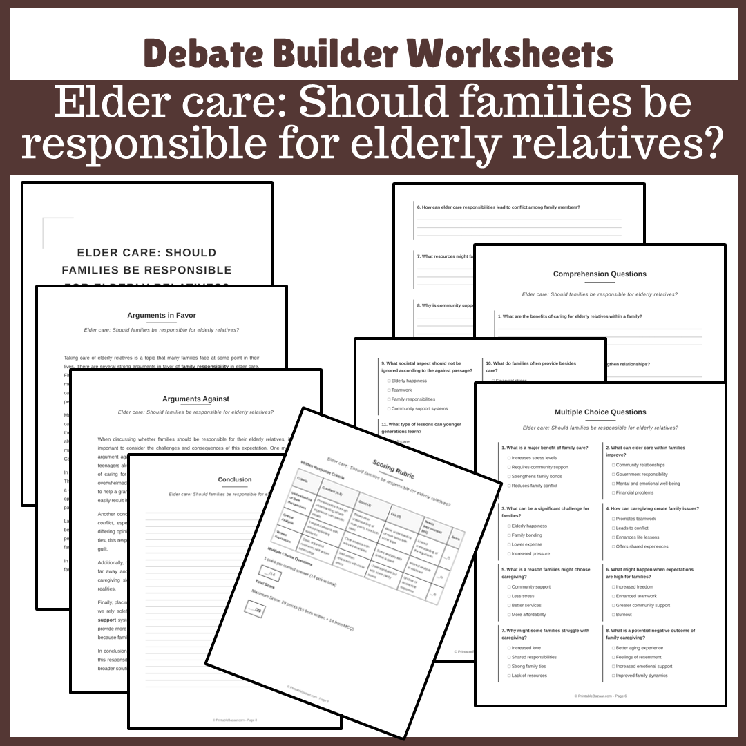 Elder care: Should families be responsible for elderly relatives? | Favour and Against Worksheet Printable Activity