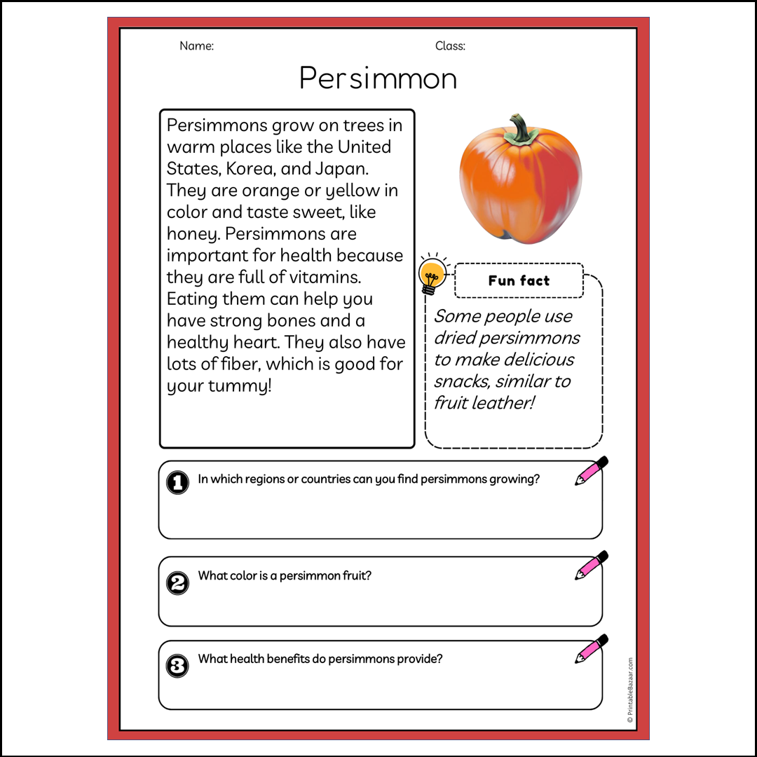 Persimmon | Reading Passage Comprehension Questions Writing Facts Worksheet