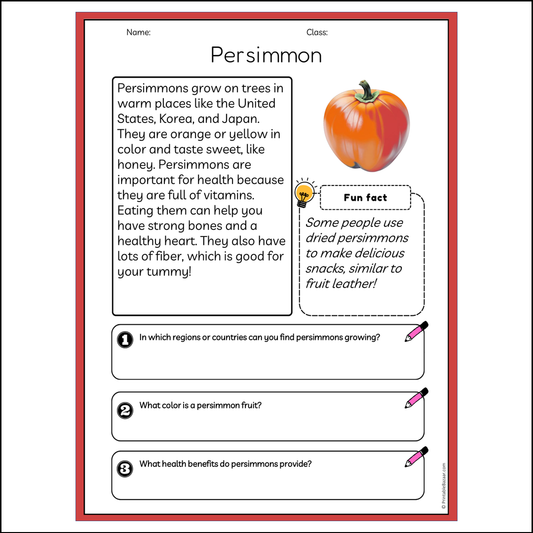 Persimmon | Reading Passage Comprehension Questions Writing Facts Worksheet