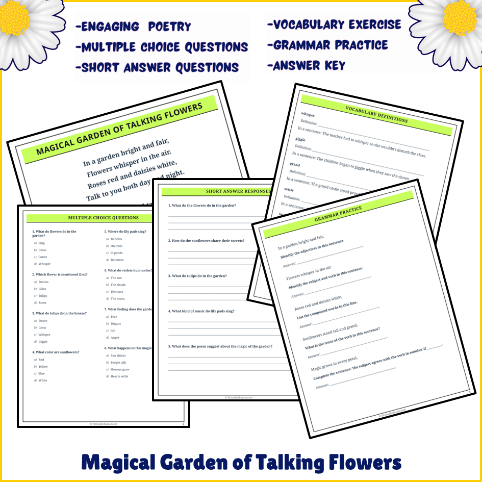 Magical Garden of Talking Flowers | Poem Grammar Worksheet Printable Activity