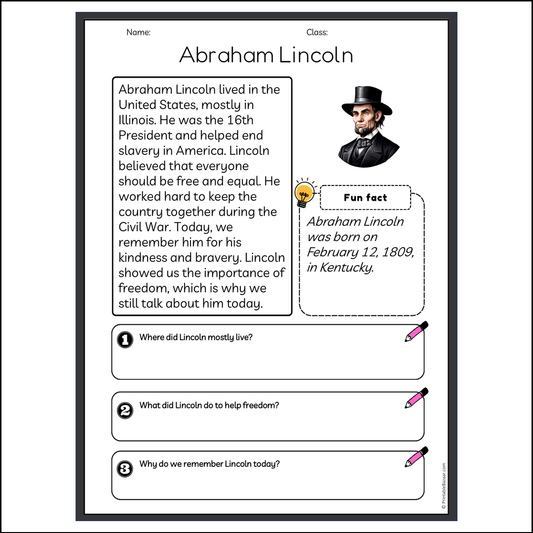 Abraham Lincoln | Reading Passage Comprehension Questions Writing Facts Worksheet