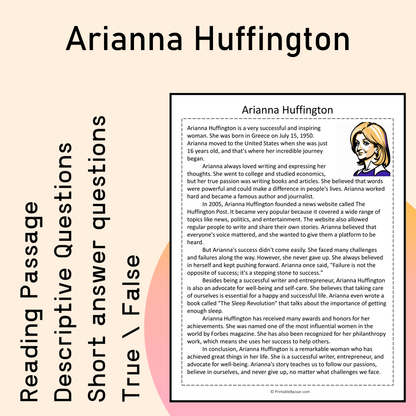 Arianna Huffington | Reading Comprehension Passage Printable Activity
