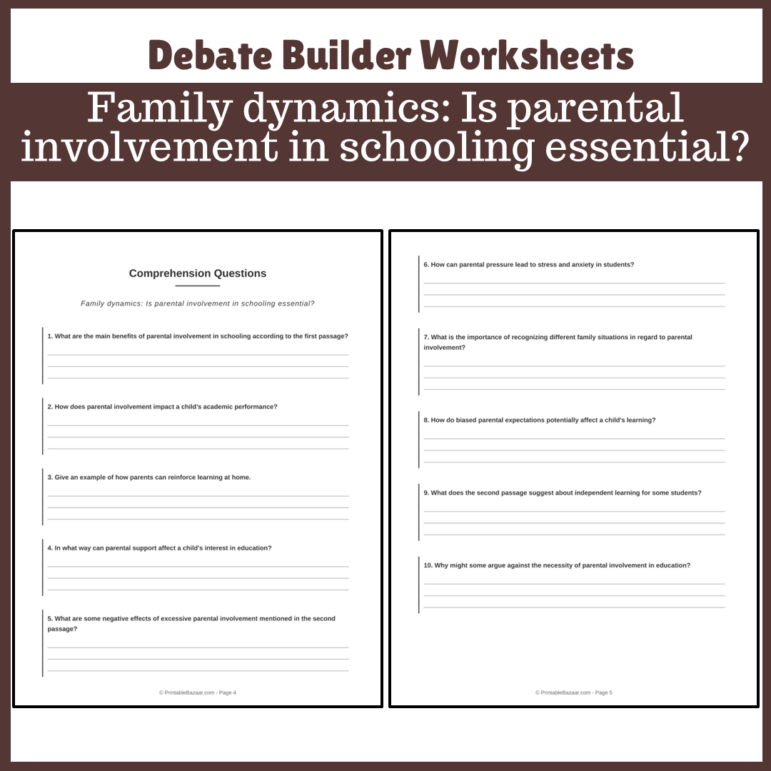 Family dynamics: Is parental involvement in schooling essential? | Favour and Against Worksheet Printable Activity