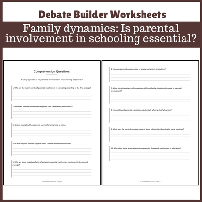 Family dynamics: Is parental involvement in schooling essential? | Favour and Against Worksheet Printable Activity
