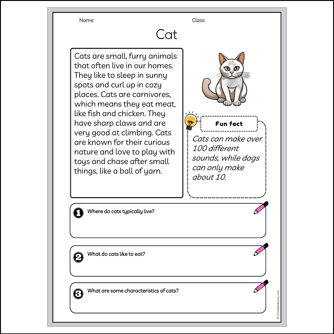 Cat | Reading Passage Comprehension Questions Writing Facts Worksheet