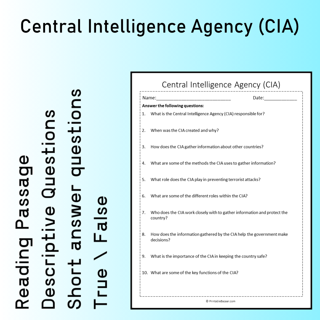 Central Intelligence Agency (CIA) | Reading Comprehension Passage Printable Worksheet