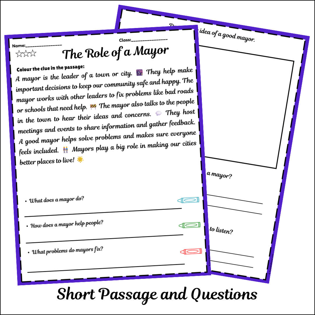 The Role of a Mayor | Short Reading Comprehension Creative Worksheet