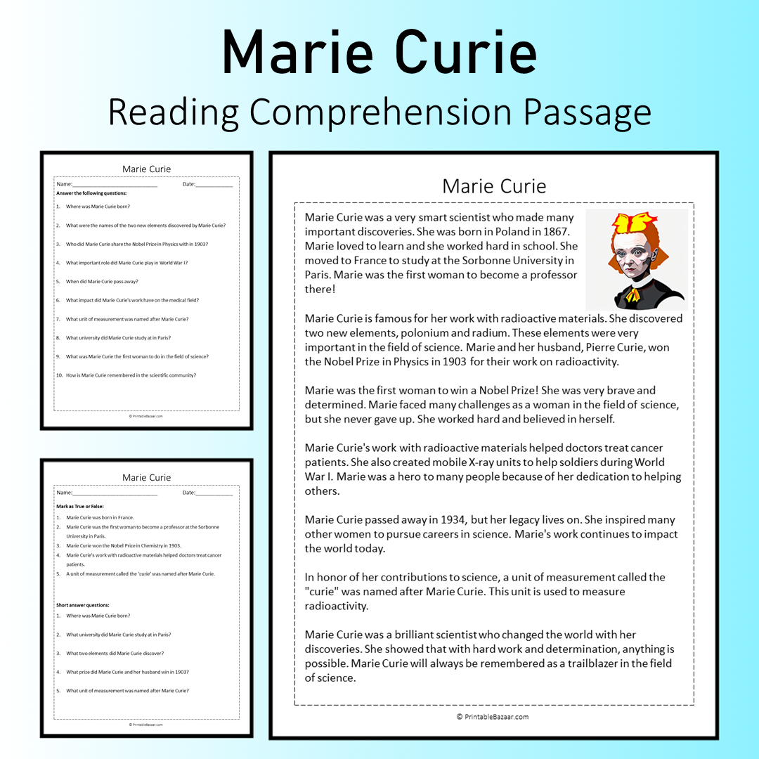 Marie Curie | Reading Comprehension Passage Printable Worksheet