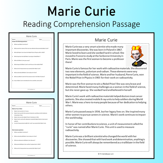 Marie Curie | Reading Comprehension Passage Printable Worksheet