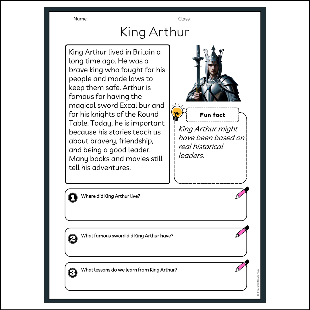 King Arthur | Reading Passage Comprehension Questions Writing Facts Worksheet