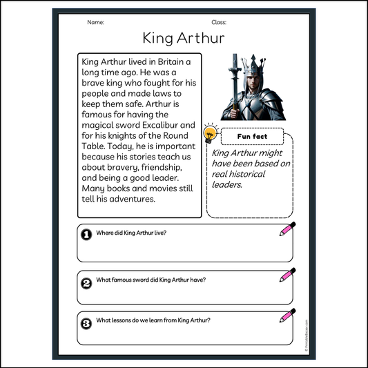 King Arthur | Reading Passage Comprehension Questions Writing Facts Worksheet