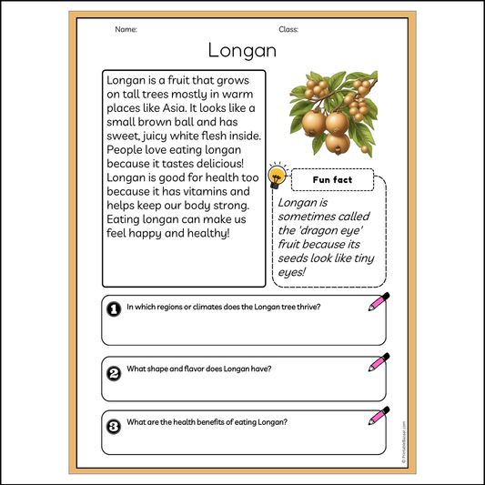 Longan | Reading Passage Comprehension Questions Writing Facts Worksheet