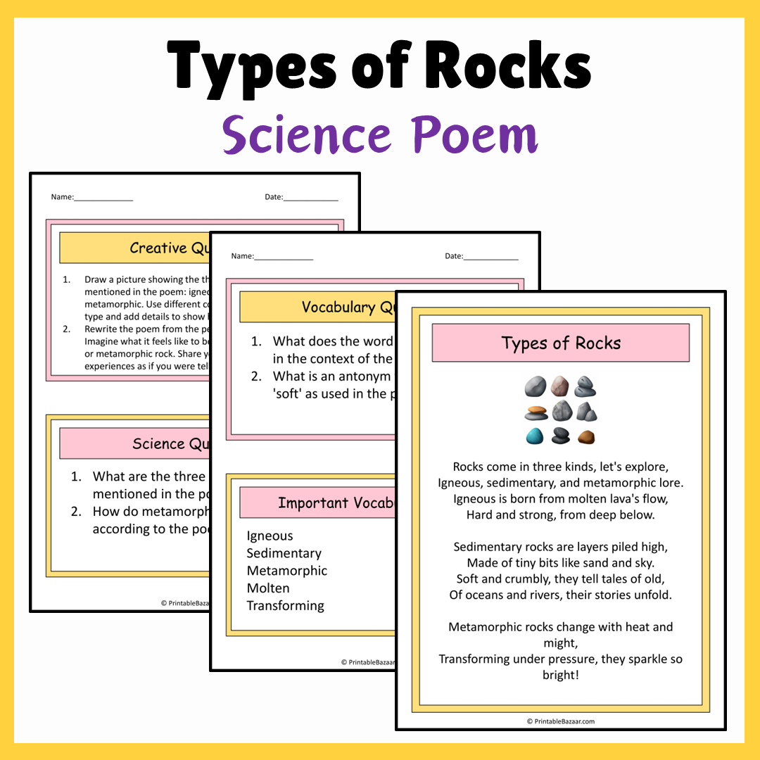 Types of Rocks | Science Poem Reading Comprehension Activity