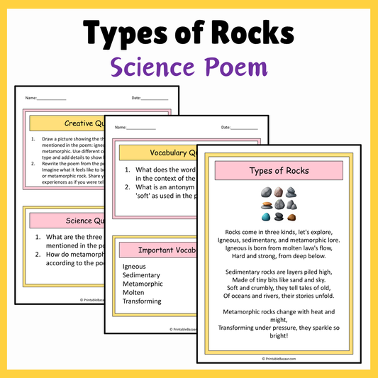 Types of Rocks | Science Poem Reading Comprehension Activity